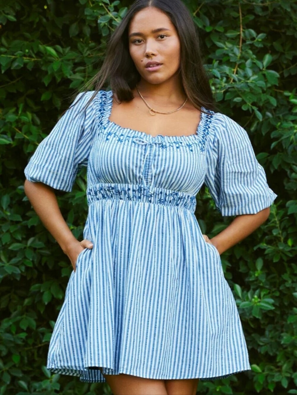AE Blue White Striped Off The Shoulder Babydoll Dress Large